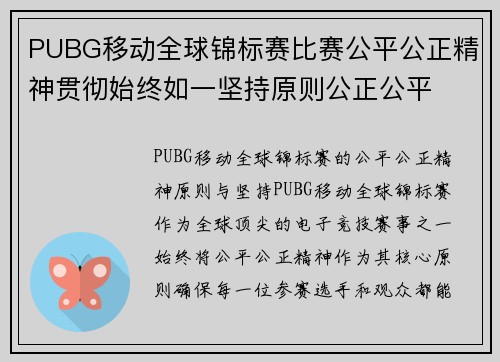 PUBG移动全球锦标赛比赛公平公正精神贯彻始终如一坚持原则公正公平