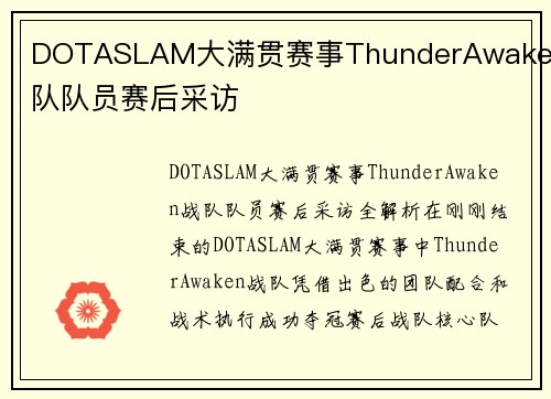 DOTASLAM大满贯赛事ThunderAwaken战队队员赛后采访